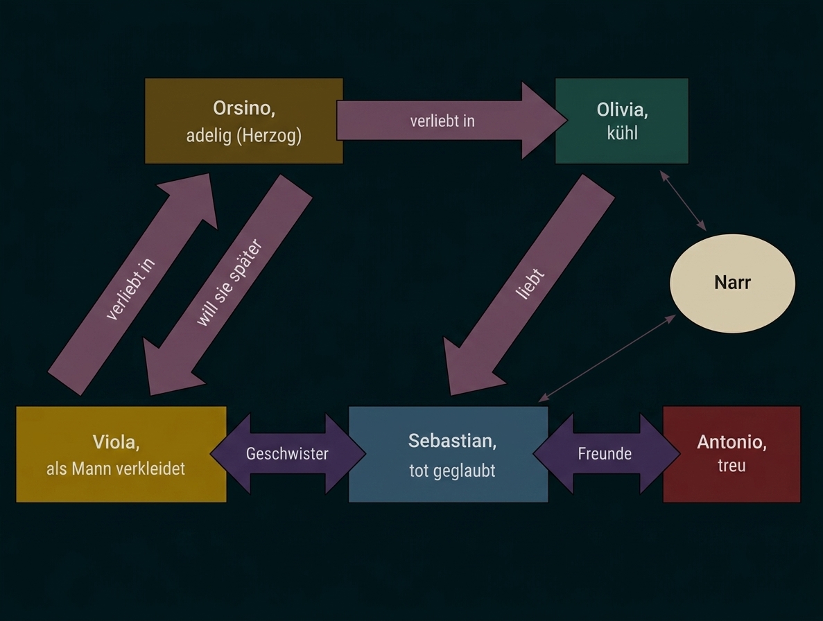 Beziehungsdiagramm der Figuren aus „Was ihr wollt“ von Shakespeare.